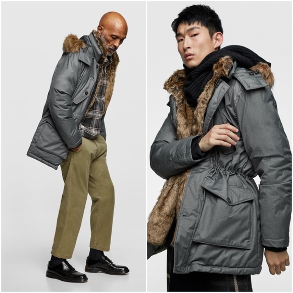 ZARA GRAY CANVAS UTILITY FAUX FUR FULLY LINED PUFFER PARKA FIELD COAT $199